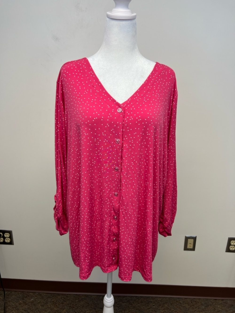 Susan Graver Women's Hot Pink Polka Dot Long Sleeve V Neck Stretchy Top Size 3X